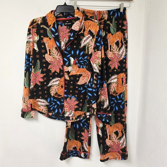 Room Service Other - Room Service Tiger Print Pajama Set Black Floral Size S Button Up Cozy Lounge